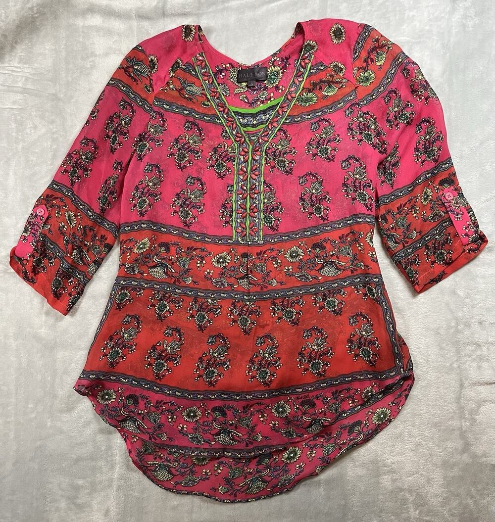 Hale Bob Silk Print Beaded Size Small Cabana Peasant Top Boho Chic Resort Blouse